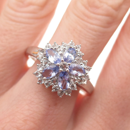 Savoy 925 Sterling Silver Real Tanzanite & White Topaz Floral Ring Size 11.25