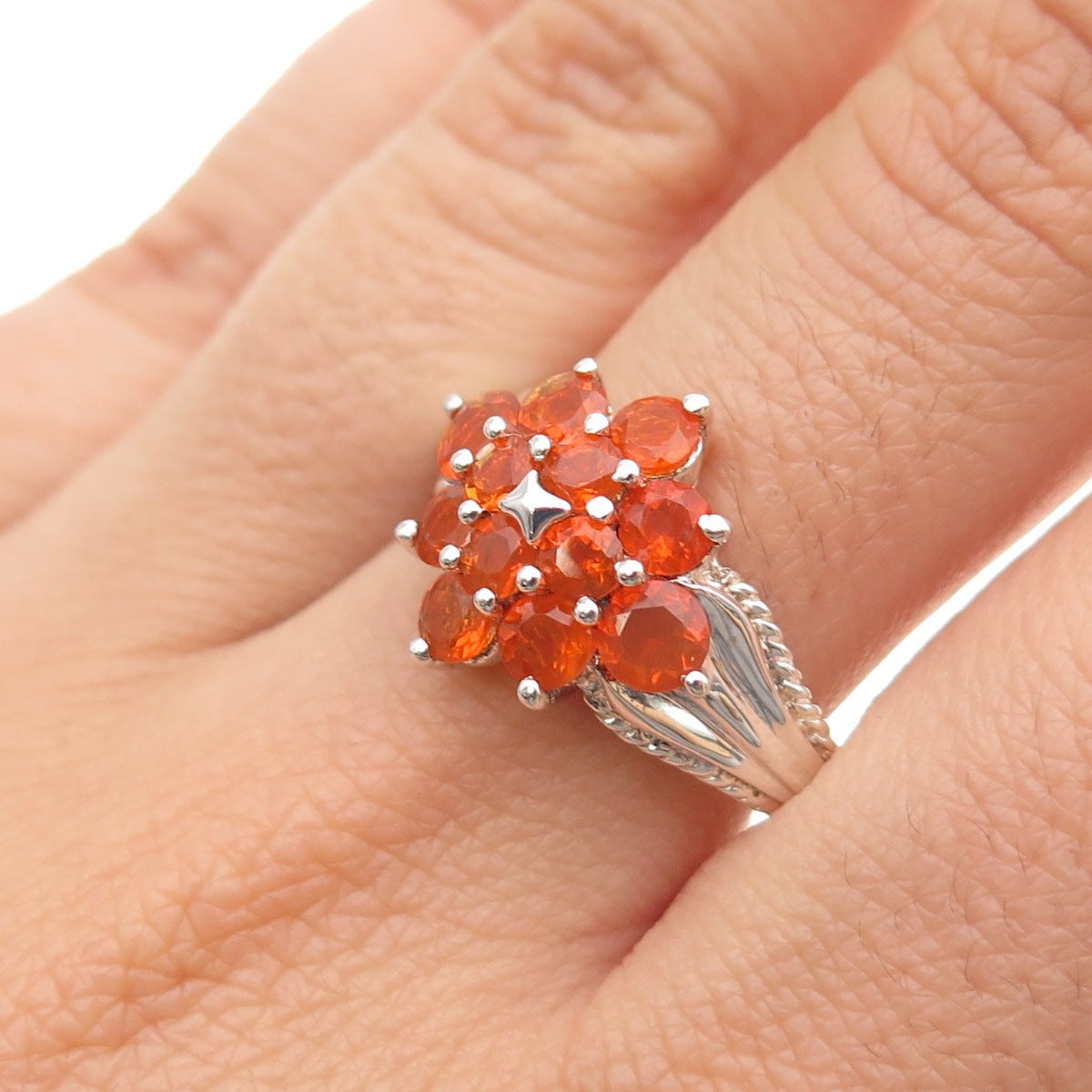 MICHELLE ALBALA Sterling Silver Real Round-Cut Fire Opal Cluster Ring Size 10