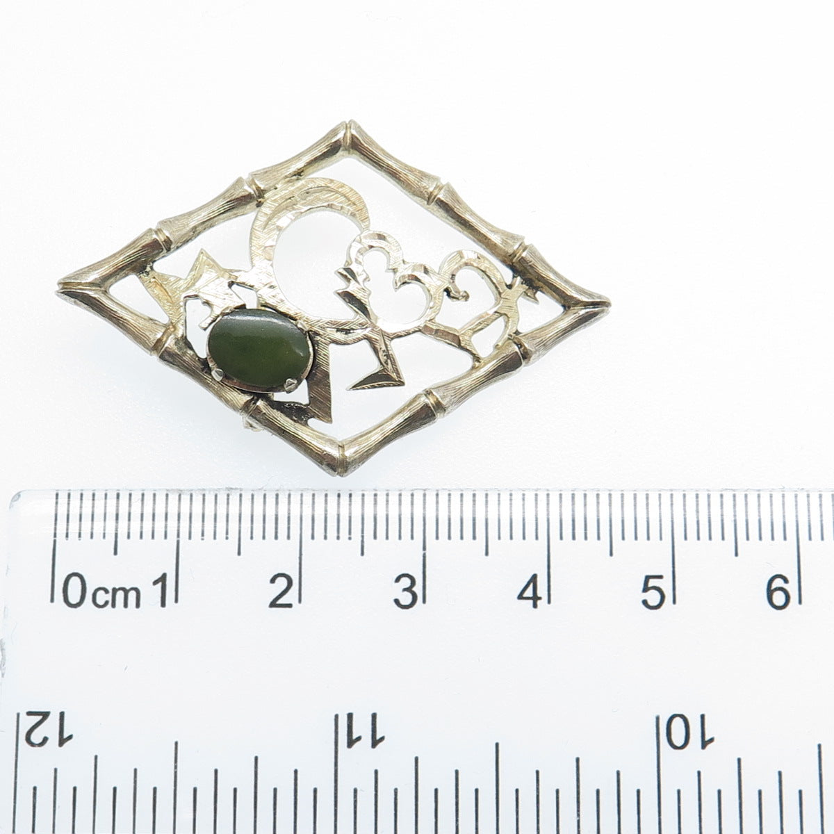 WELLS 925 Sterling Silver Gold Plated Vintage Real Jade Heart Bamboo Pin Brooch
