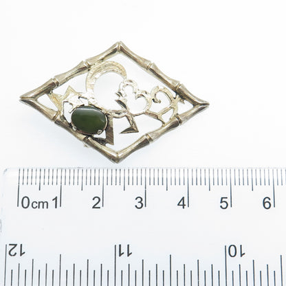 WELLS 925 Sterling Silver Gold Plated Vintage Real Jade Heart Bamboo Pin Brooch