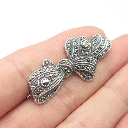925 Sterling Silver Vintage Real Marcasite Gemstone Bow Pin Brooch