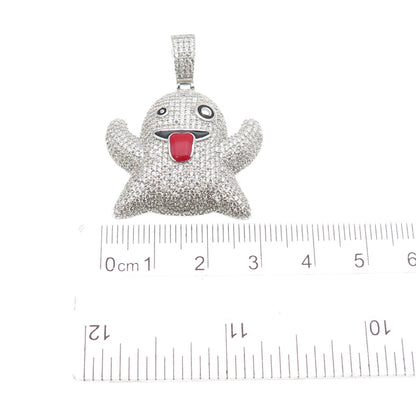 925 Sterling Silver Enamel Round-Cut C Z Ghost Emoji Charm Pendant