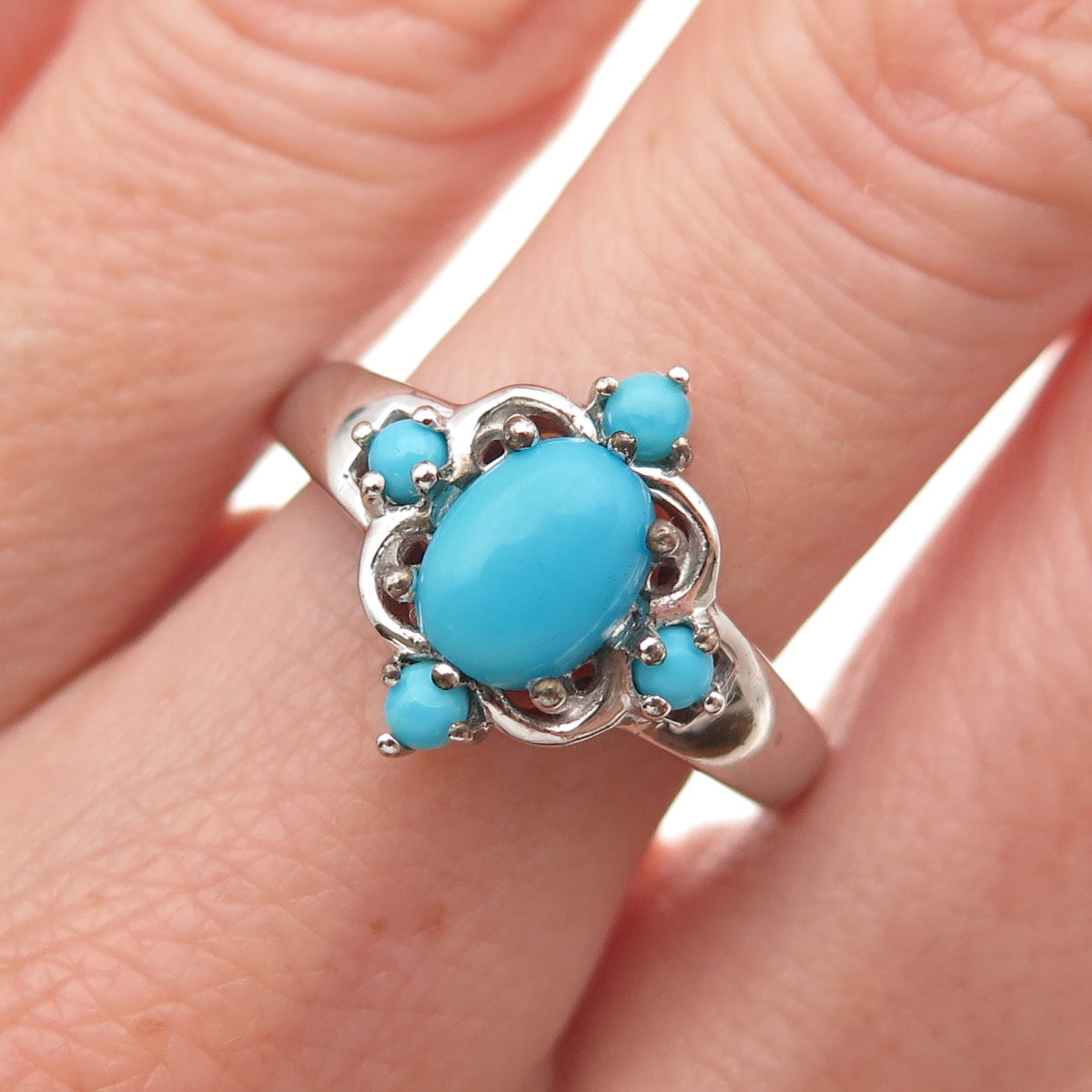 925 Sterling Silver Real Sleeping Beauty Turquoise Floral Ring Size 8