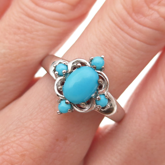 925 Sterling Silver Real Sleeping Beauty Turquoise Floral Ring Size 8