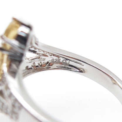 925 Sterling Silver Real Oval-Cut Citrine & White Topaz Bypass Ring Size 6.25