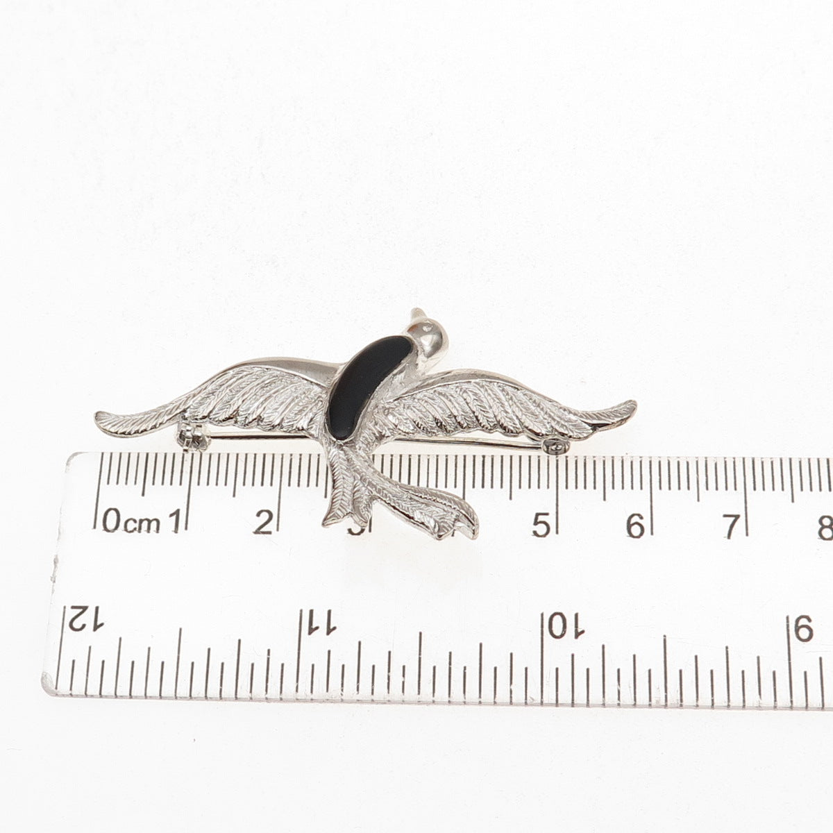 925 Sterling Silver Vintage Real Black Onyx Flying Bird Pin Brooch