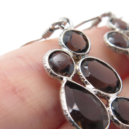 925 Sterling Silver Vintage Real Smoky Quartz Cluster Dangle Earrings