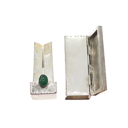 800 Silver Antique Art Deco Real Green Onyx Engraved Tube Slide Lipstick Case