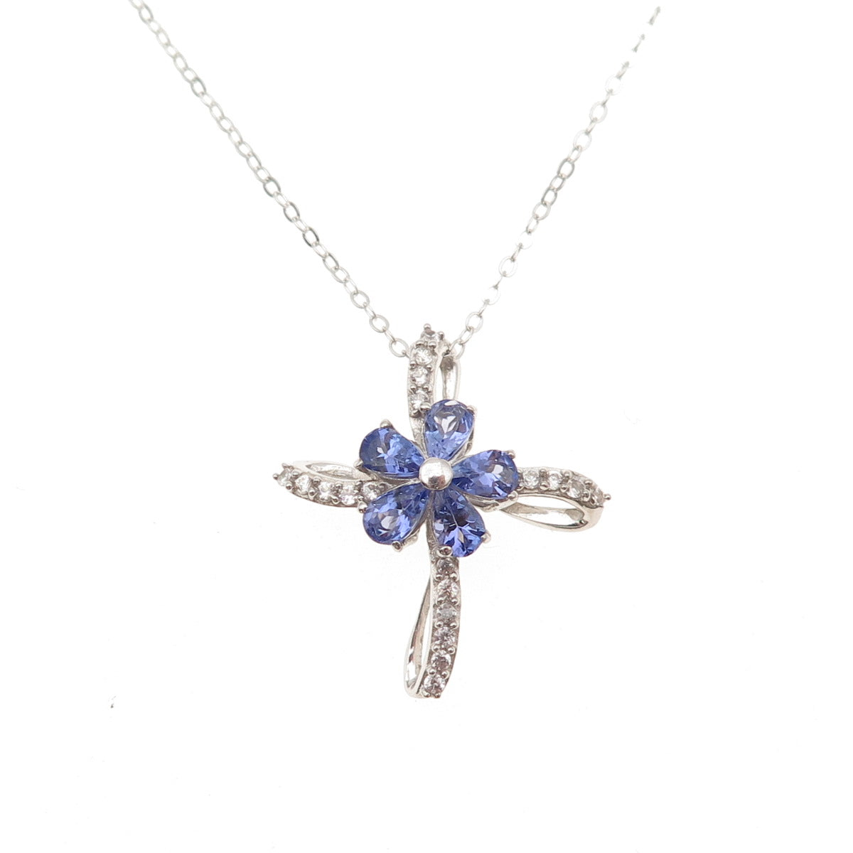 Chuck Clemency 925 Sterling Real Tanzanite White Topaz Floral Cross Necklace 20"