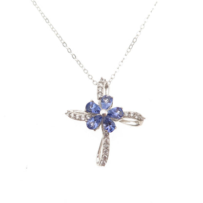Chuck Clemency 925 Sterling Real Tanzanite White Topaz Floral Cross Necklace 20"