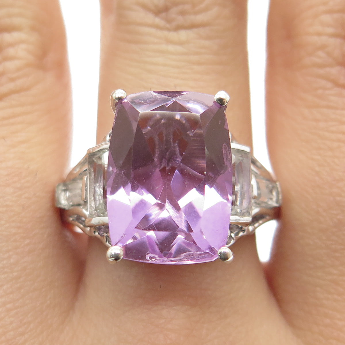 CHUCK CLEMENCY 925 Sterling Silver White Topaz & Amethyst Gem Ring Size 8.25