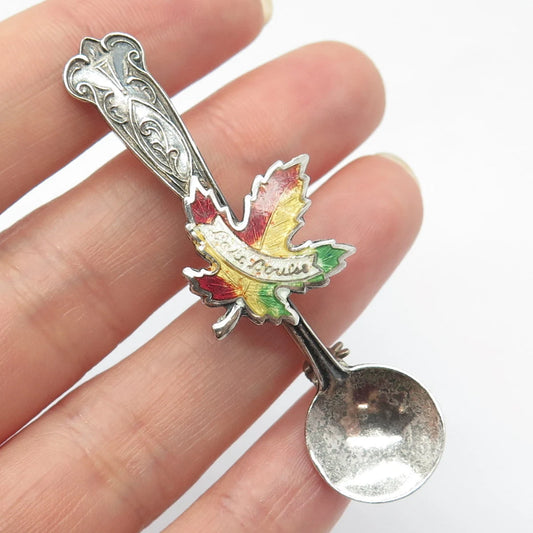 925 Sterling Silver Vintage BMCo Colorful Enamel Maple Leaf Spoon Pin Brooch
