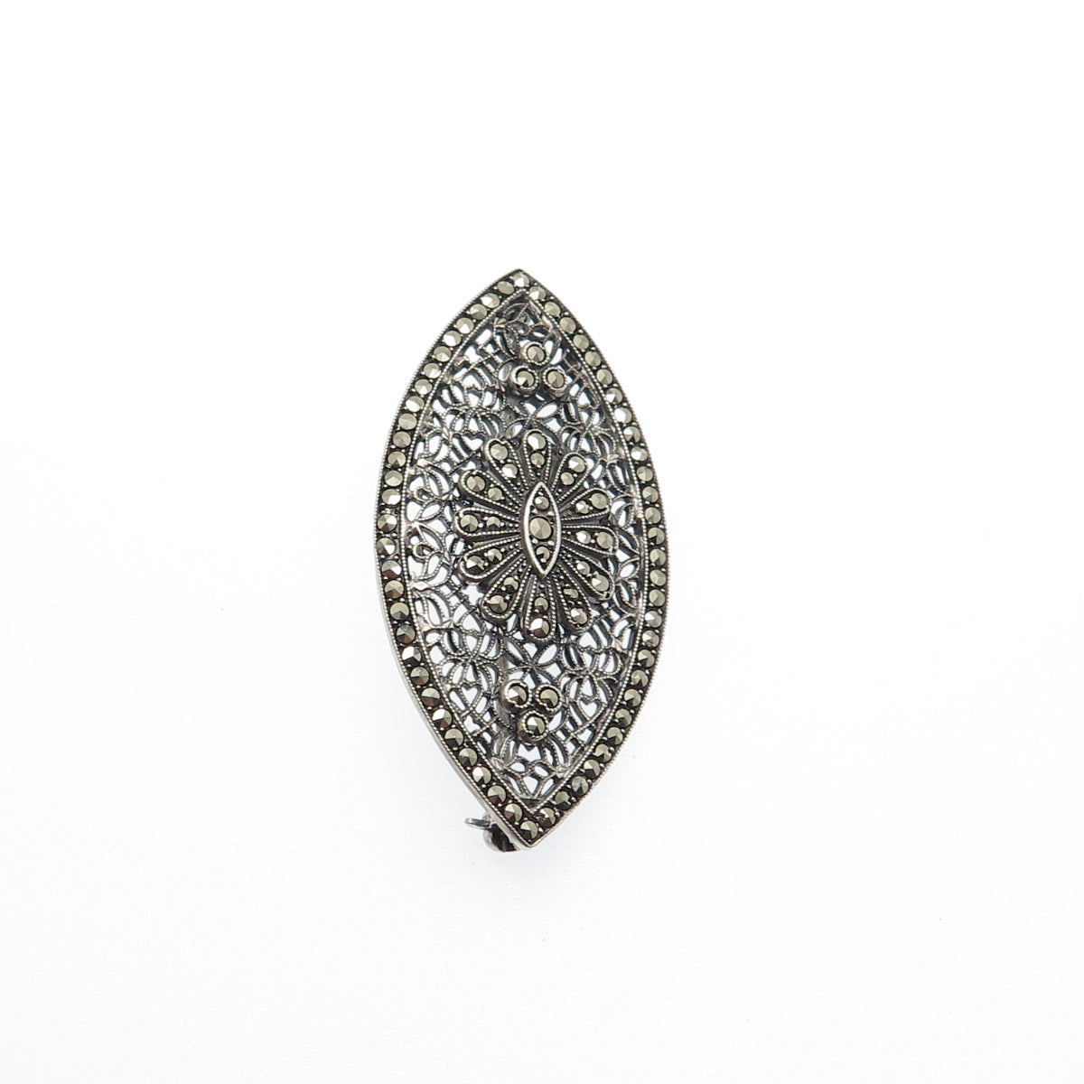 925 Sterling Silver Antique Art Deco Real Marcasite Filigree Oxidized Pin Brooch