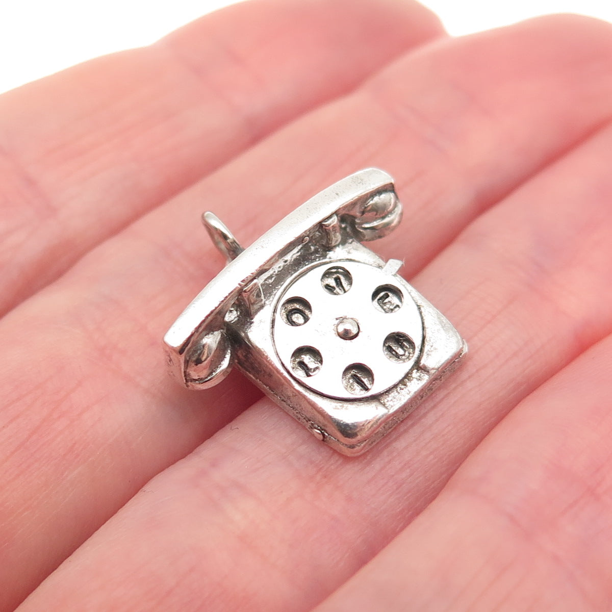 WELLS 925 Sterling Silver Vintage I Love You Rotary Phone 3D Mini Charm Pendant