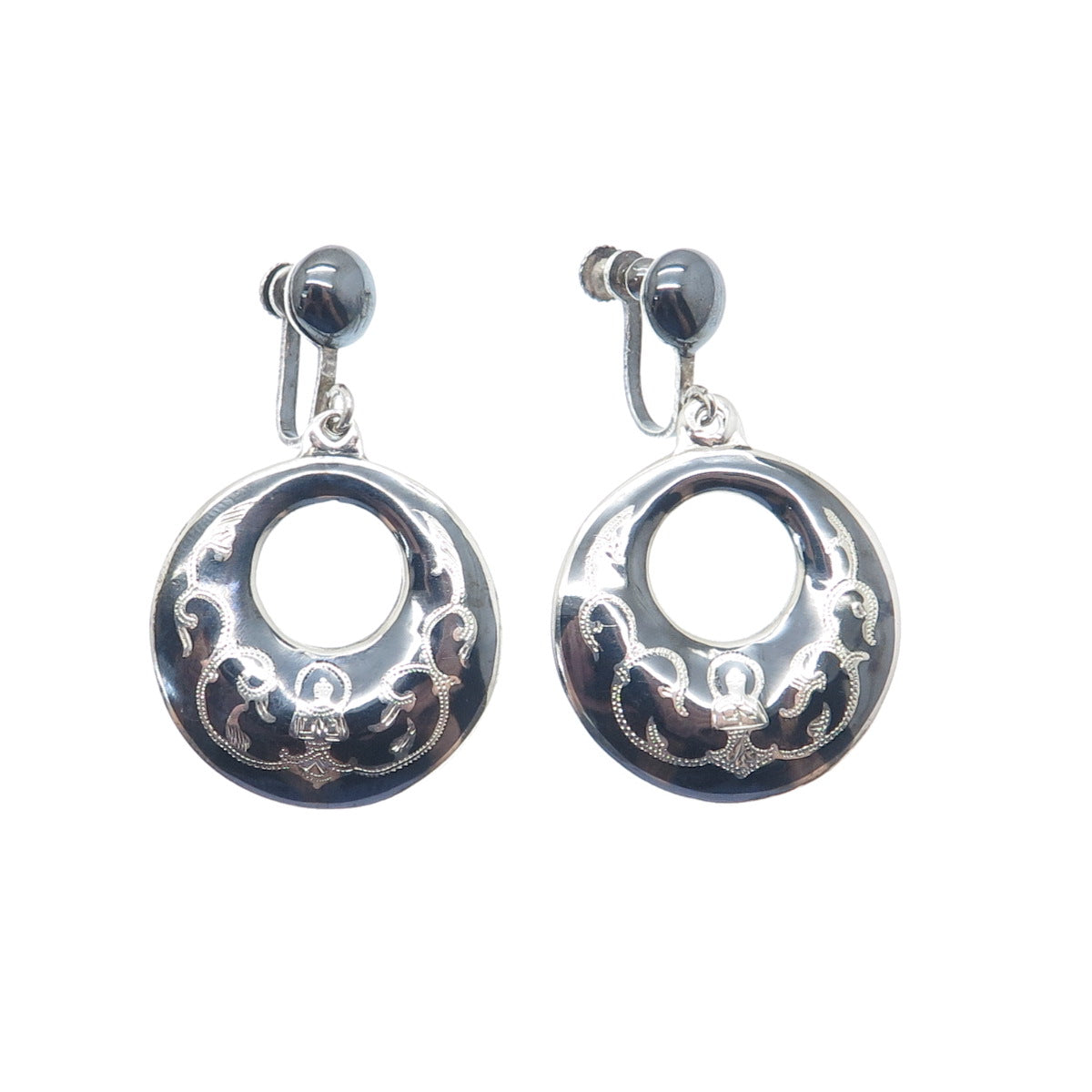 925 Sterling Silver Antique Siam Niello Buddha Crescent Screw Back Earrings