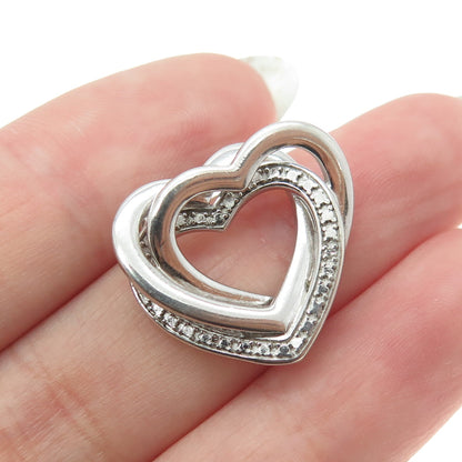 925 Sterling Silver Real Round-Cut Diamond Accent Interlocked Heart Pendant