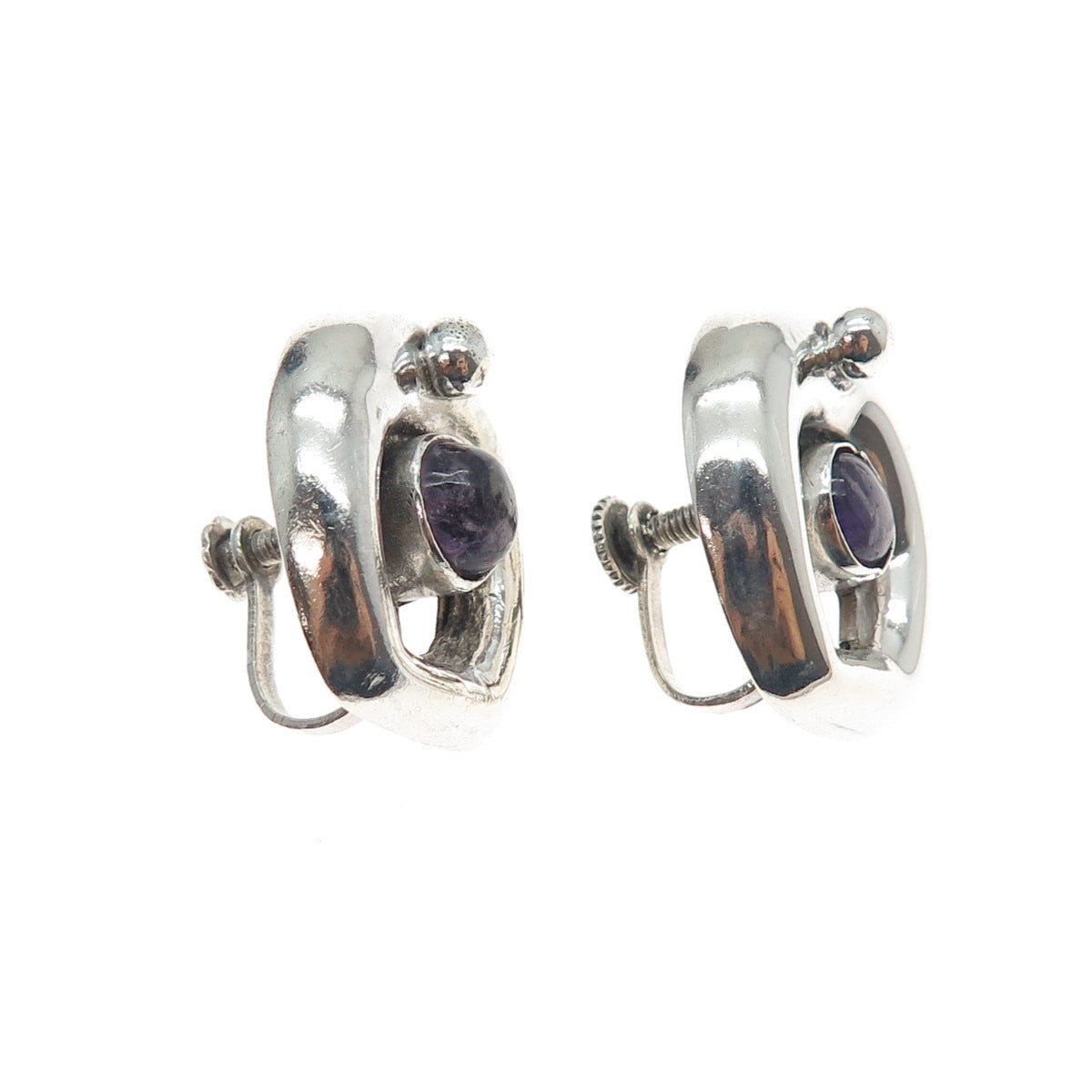 925 Sterling Silver Vintage Mexico Real Amethyst Modernist Screw Back Earrings