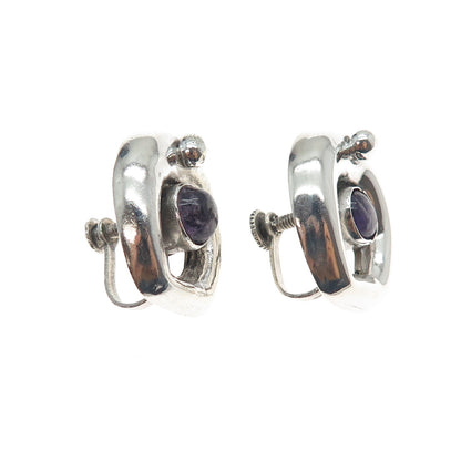 925 Sterling Silver Vintage Mexico Real Amethyst Modernist Screw Back Earrings
