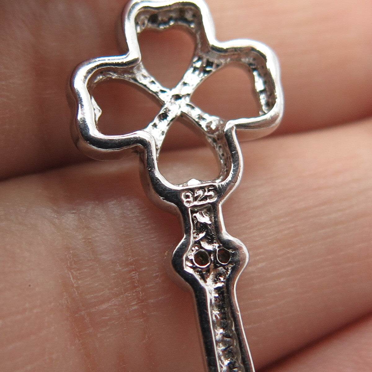 925 Sterling Silver Italy White C Z Key Clover Chain Necklace 16"