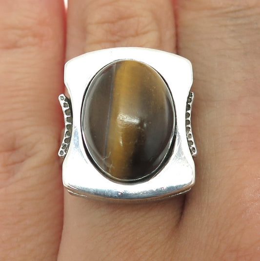 835 Silver Vintage Real Tiger Eye Modernist Adjustable Ring Size 6.75