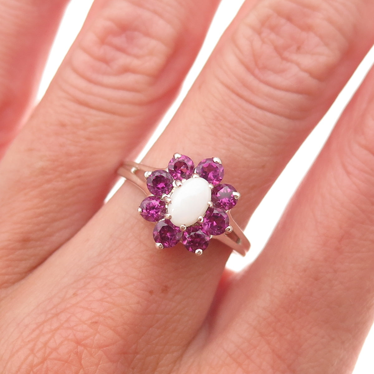Monica Jain 925 Sterling Silver Real Opal & Amethyst Floral Ring Size 7.25