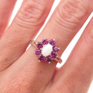 Monica Jain 925 Sterling Silver Real Opal & Amethyst Floral Ring Size 7.25