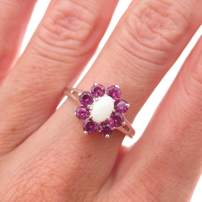 Monica Jain 925 Sterling Silver Real Opal & Amethyst Floral Ring Size 7.25