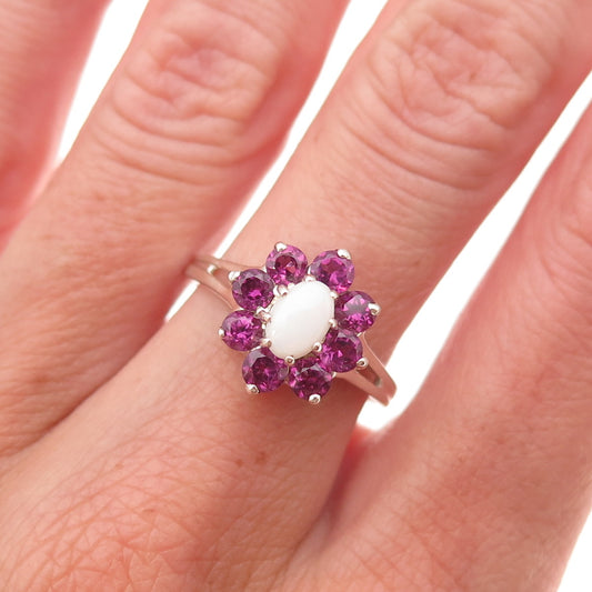Monica Jain 925 Sterling Silver Real Opal & Amethyst Floral Ring Size 7.25