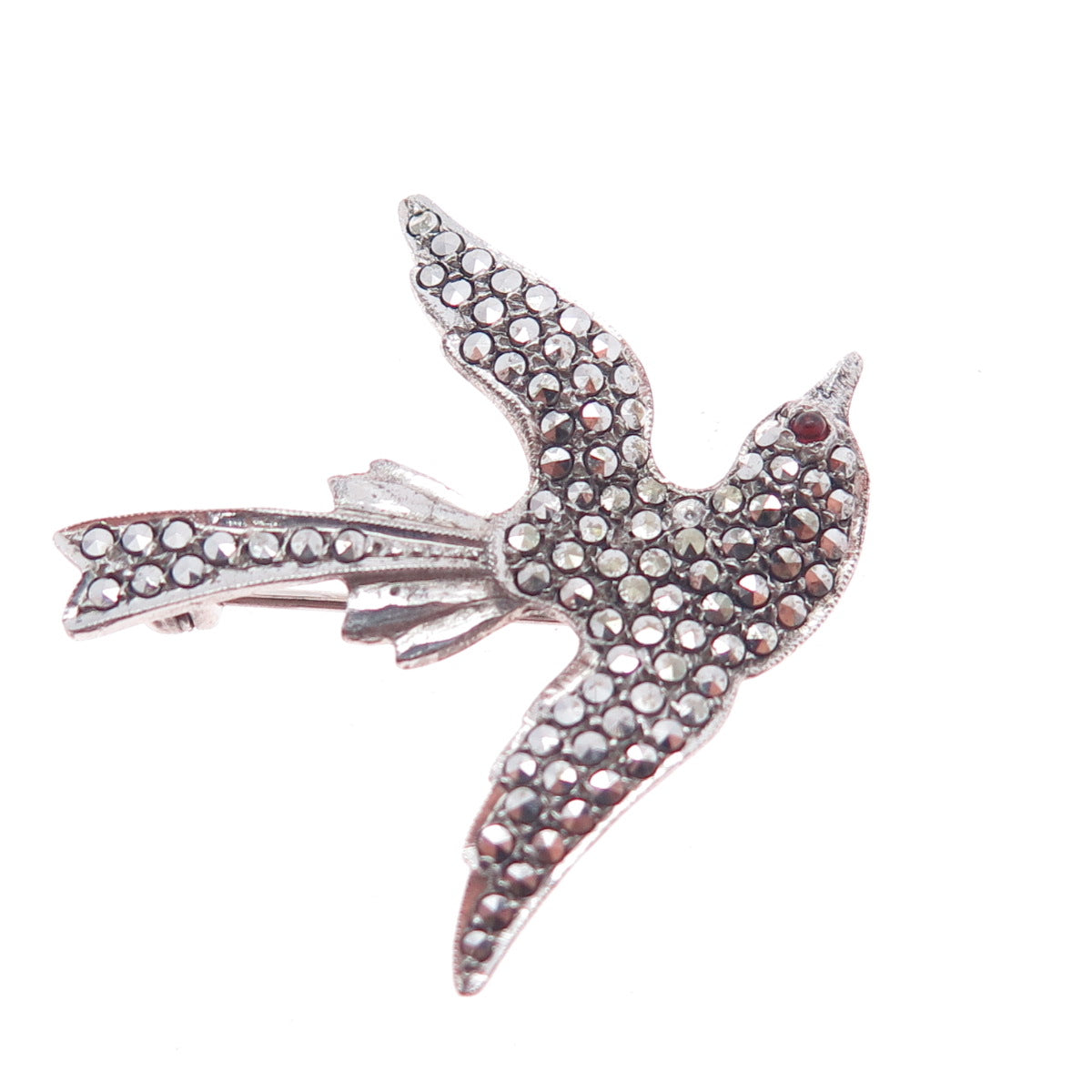 925 Sterling Silver Antique Marcasite & Garnet Holy Spirit Pin (missing 1 stone)