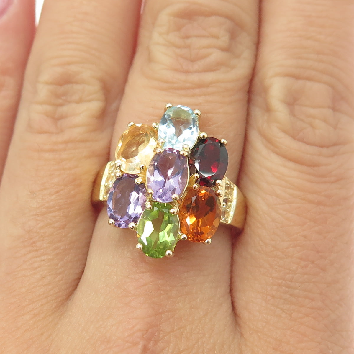 HAN Sterling Gold Plated Blue & White Topaz Amethyst Garnet Citrine Ring Size 8