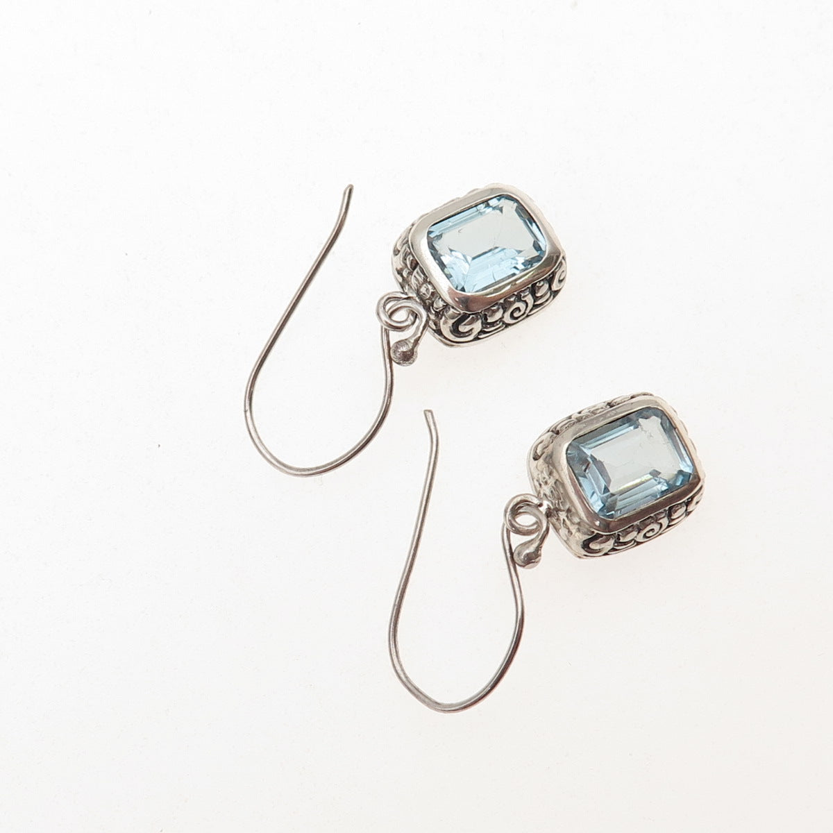 925 Sterling Silver Vintage Real Blue Topaz Spiral Oxidized Dangle Earrings