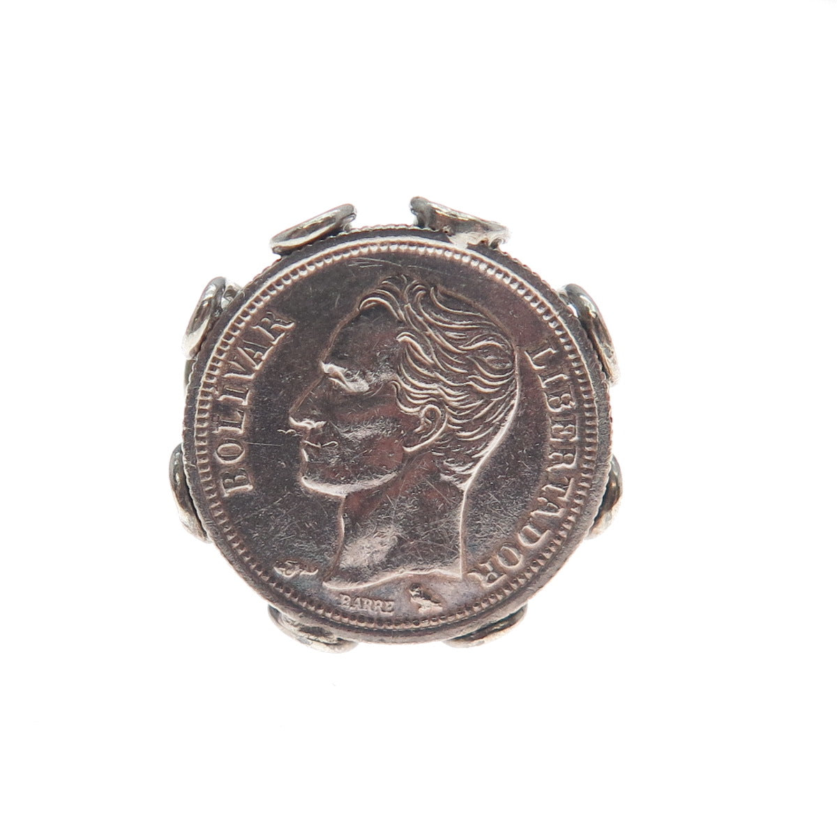 835 Silver Antique 1874-1876 Venezuela 5 Centavos Coin Oxidized Ring Size 4.5