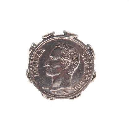 835 Silver Antique 1874-1876 Venezuela 5 Centavos Coin Oxidized Ring Size 4.5