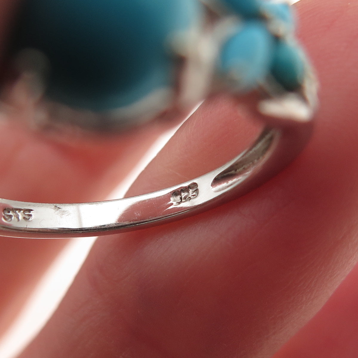 925 Sterling Silver Real Sleeping Beauty Turquoise & White Topaz Ring Size 8