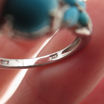 925 Sterling Silver Real Sleeping Beauty Turquoise & White Topaz Ring Size 8
