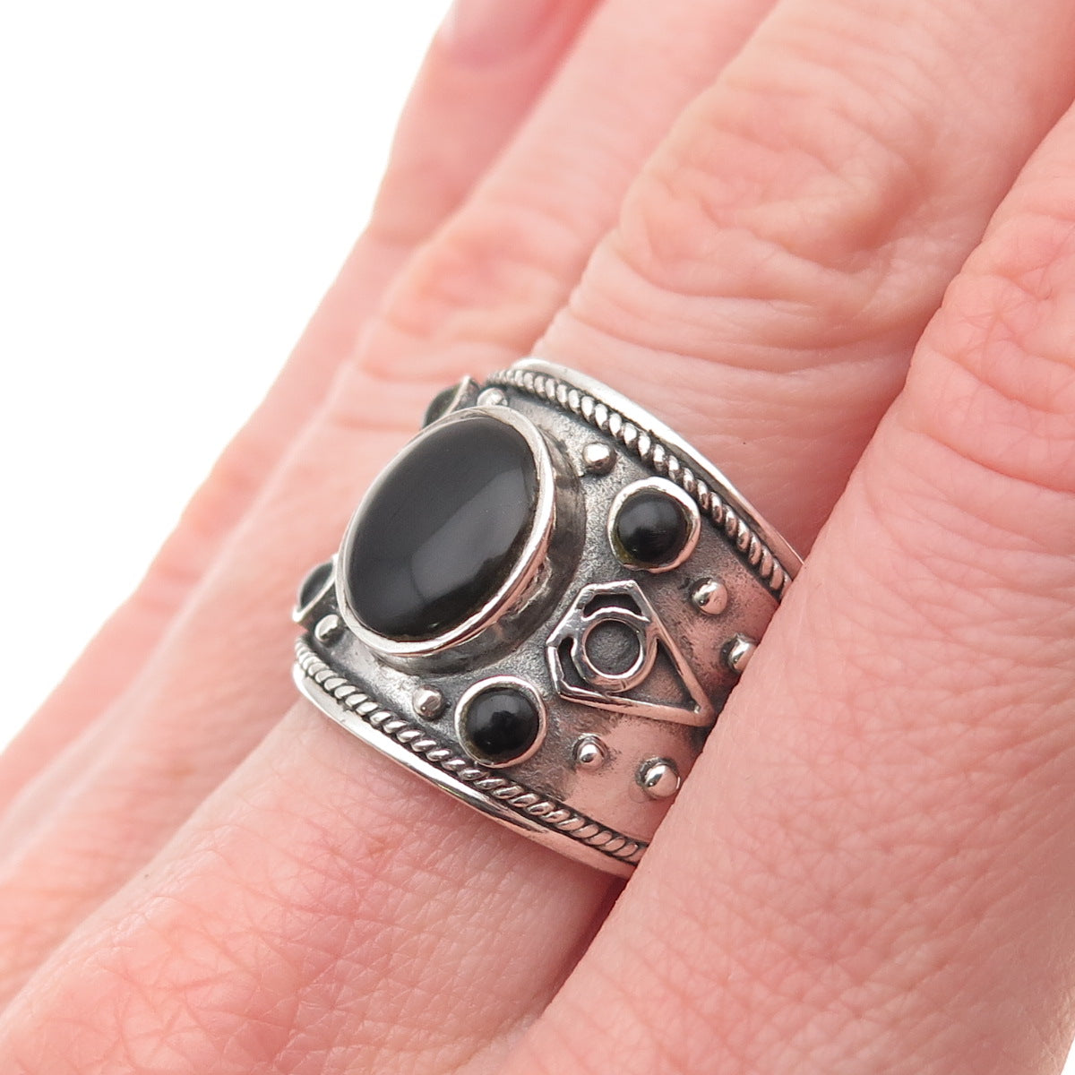 925 Sterling Silver Vintage Real Black Onyx Modernist Oxidized Ring Size 8.25