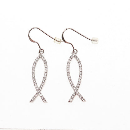 925 Sterling Silver Round-Cut C Z Pisces Zodiac Sign Dangle Earrings