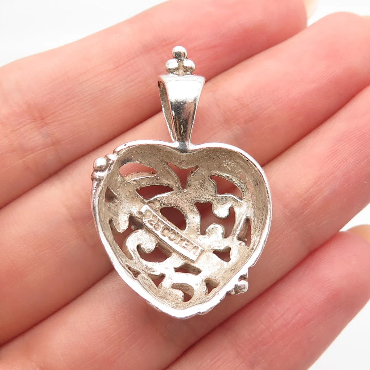 925 Sterling Silver Vintage Mexico Beaded Swirl Heart Pendant