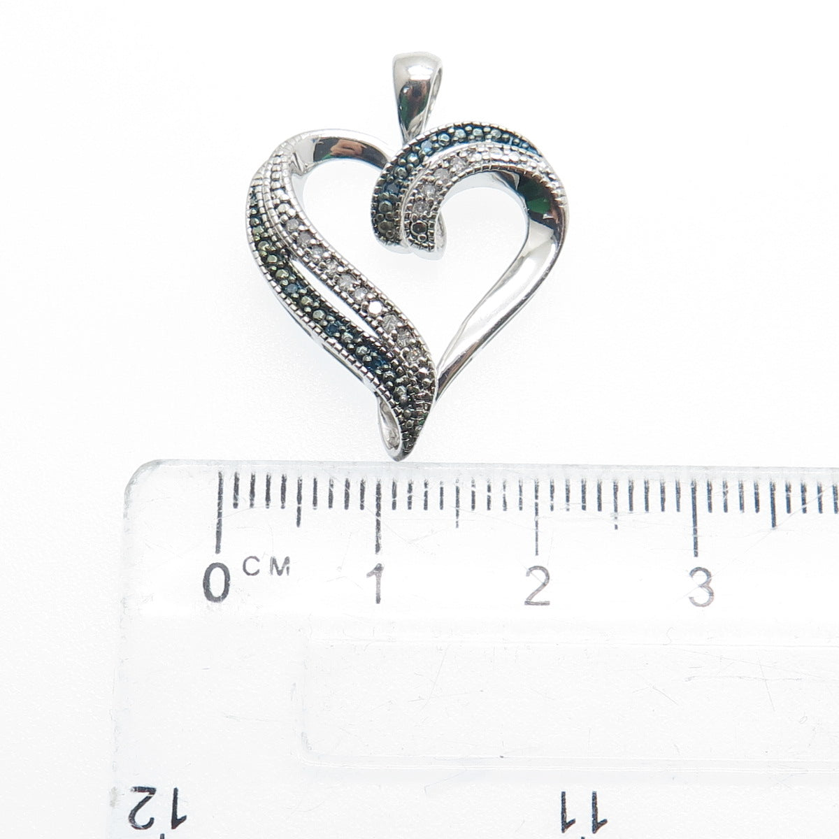SUN 925 Sterling Silver Real Round-Cut White & Blue Diamond Heart Pendant