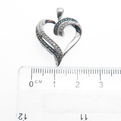 SUN 925 Sterling Silver Real Round-Cut White & Blue Diamond Heart Pendant