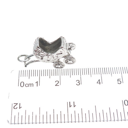 SPENCER 925 Sterling Silver Antique Baby Carriage Minimalist 3D Charm Pendant