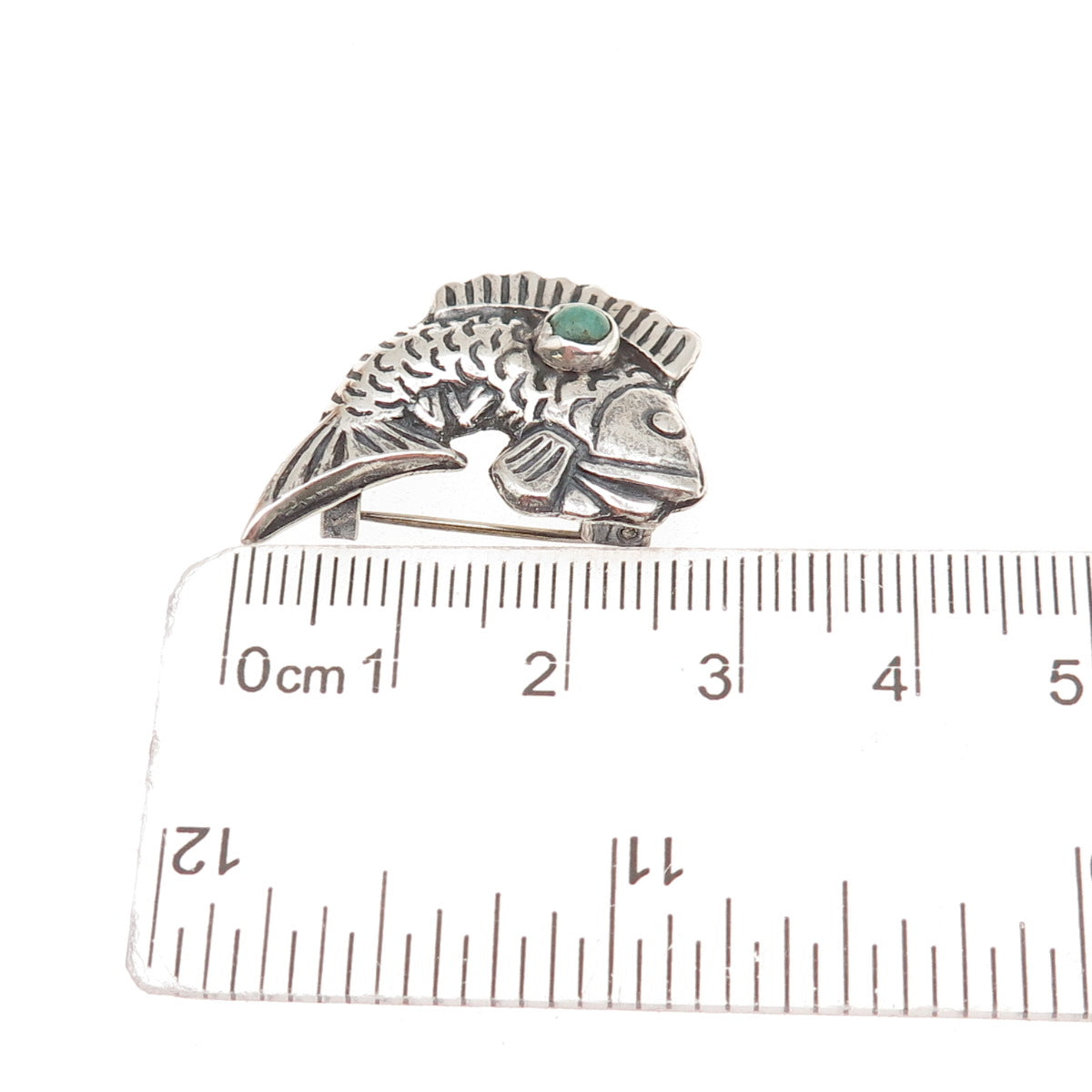 925 Sterling Silver Vintage Mexico Real Turquoise Fish Oxidized Pin Brooch