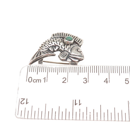 925 Sterling Silver Vintage Mexico Real Turquoise Fish Oxidized Pin Brooch