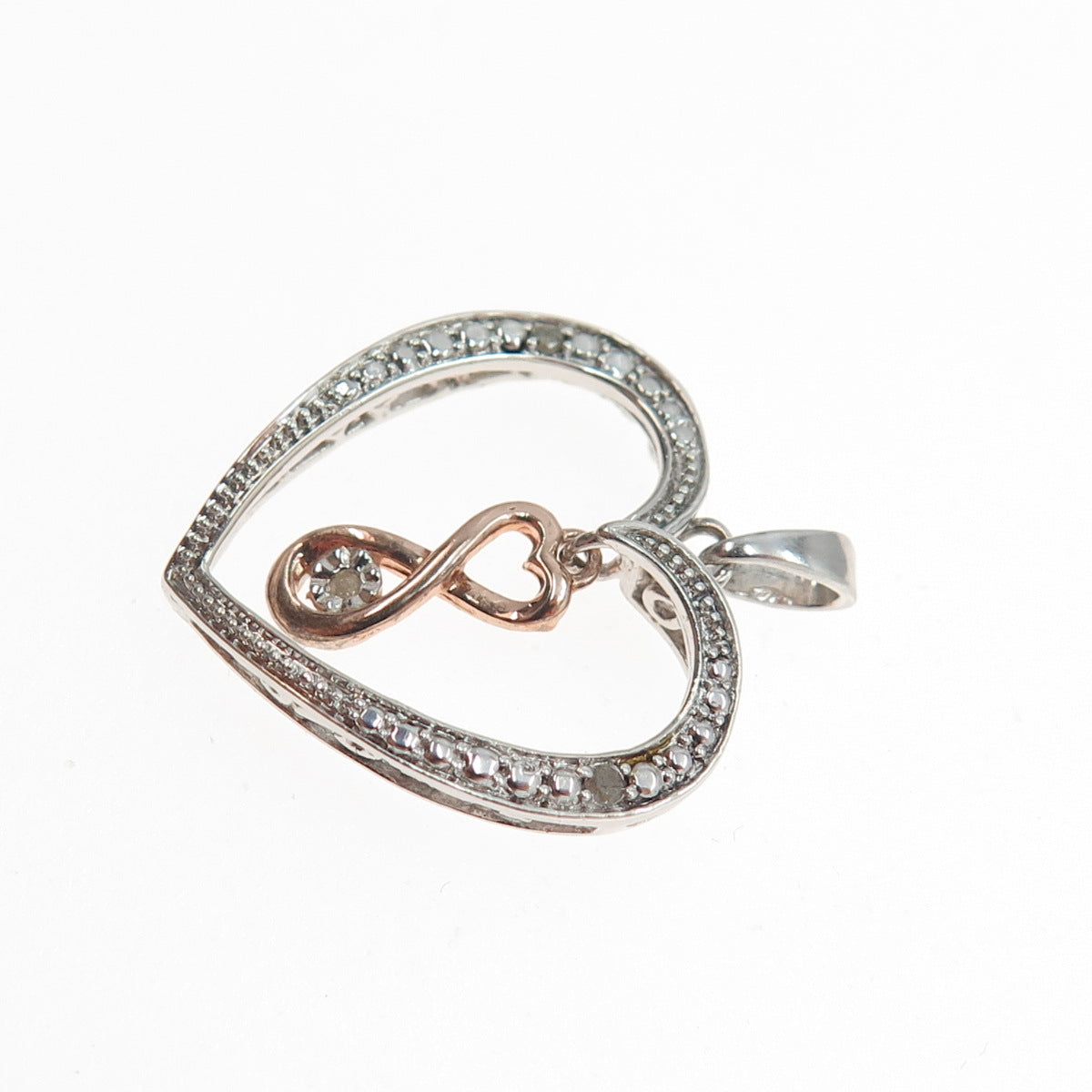 925 Sterling Silver 2-Tone Real Round-Cut Diamond Heart Charm Pendant