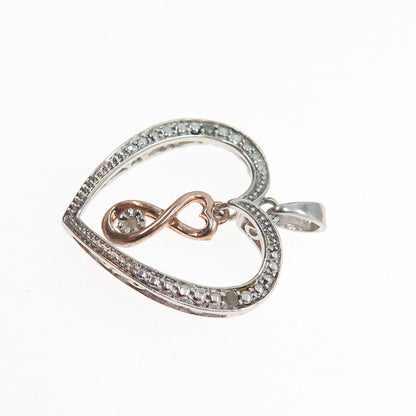 925 Sterling Silver 2-Tone Real Round-Cut Diamond Heart Charm Pendant