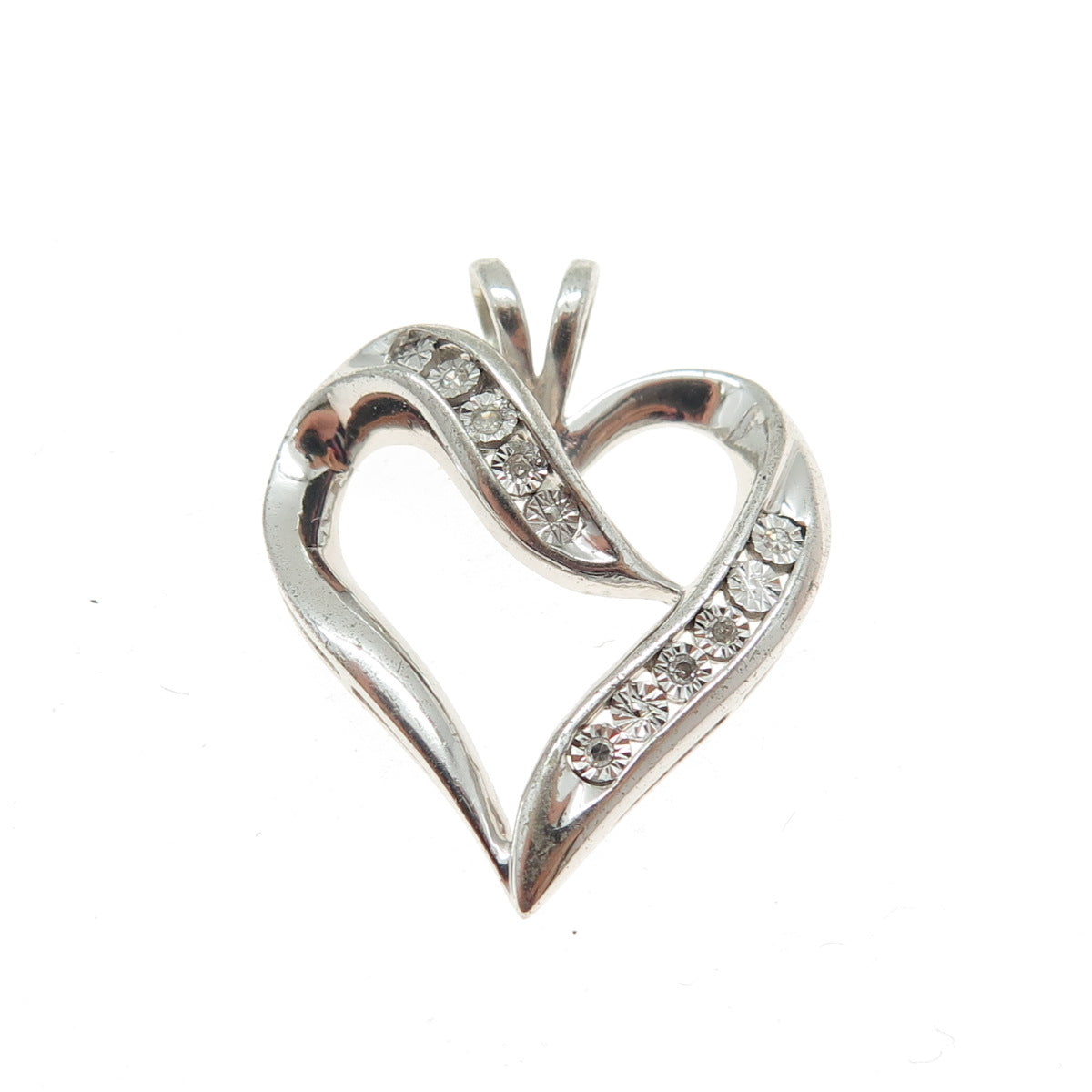 925 Sterling Silver Real Round-Cut Diamond Heart Charm Pendant