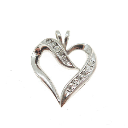 925 Sterling Silver Real Round-Cut Diamond Heart Charm Pendant