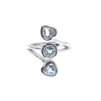 925 Sterling Silver Real Round & Heart-Cut Blue Topaz Bypass Ring Size 6