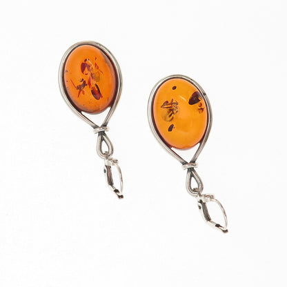 925 Sterling Silver Vintage Real Amber Modernist Dangle Earrings