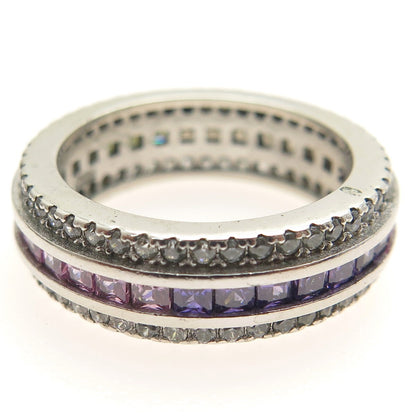 925 Sterling Silver Princess & Round-Cut Multi-Color C Z Eternity Ring Size 7.25